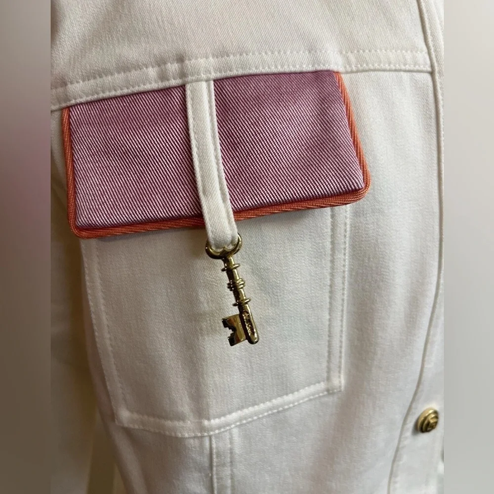 St. John Sport By Marie Gray White Jacket Coat Blazer Pink Trim Gold Buttons MED